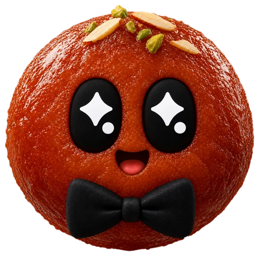 Gulab Jamun: a shiny, deep brown syrup-soaked ball with almond flakes and a bow tie